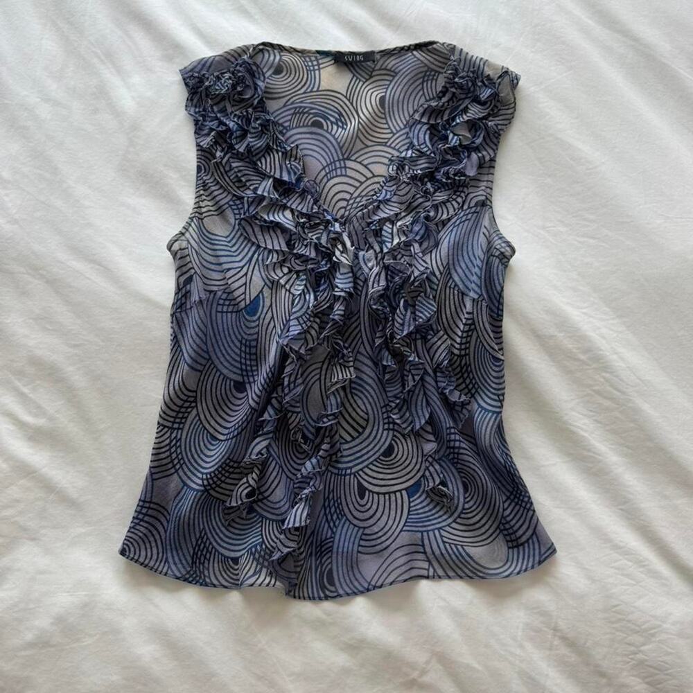 Blue white ruffled silk top
